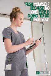 nurse writing on a clipboard, ivy tech logo, inspirational quote