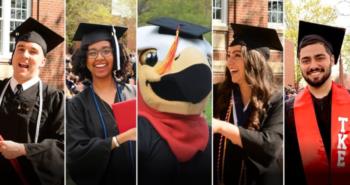 graduates and mascot smiling during a sunny day