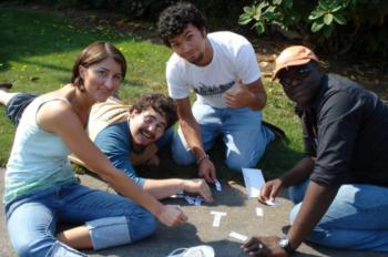 students working on a project outside