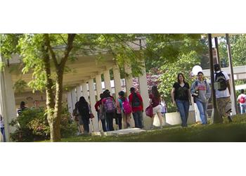 students walking under shaded walkway