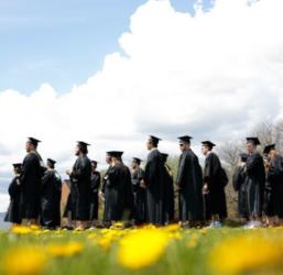 graduates in caps and gowns with flowers in the foreground