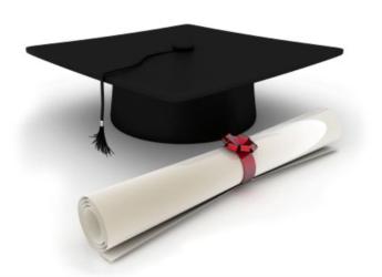 graduation cap on a diploma with red ribbon